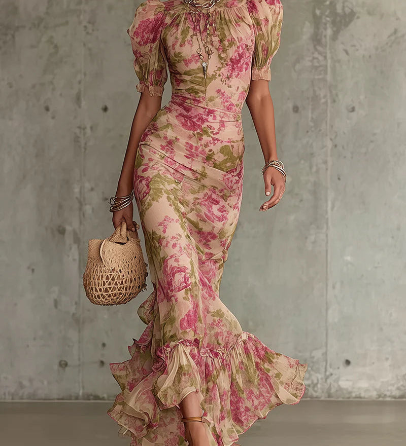 Rose | Vintage maksi haljina sa printom i puf rukavima