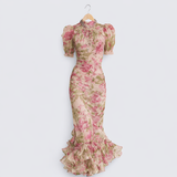 Rose | Vintage maksi haljina sa printom i puf rukavima