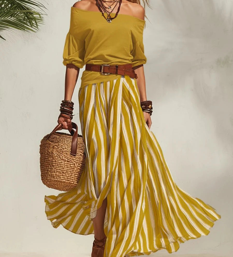 Isabella | Dvodelni Letnji Komplet sa Off-Shoulder Topom i Prugastom Suknjom (Uključujući Kaiš)