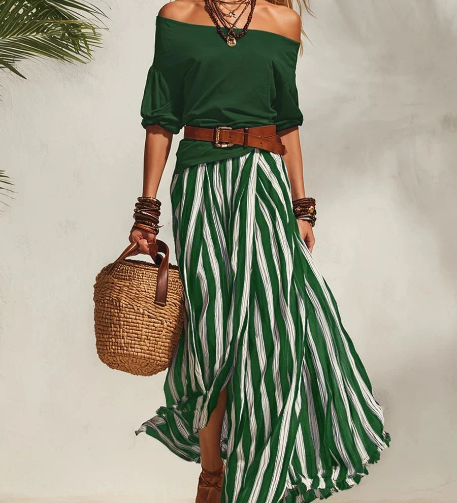 Isabella | Dvodelni Letnji Komplet sa Off-Shoulder Topom i Prugastom Suknjom (Uključujući Kaiš)