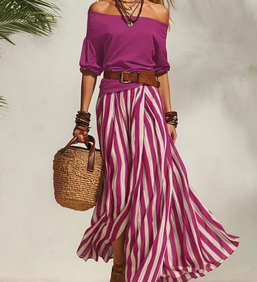 Isabella | Dvodelni Letnji Komplet sa Off-Shoulder Topom i Prugastom Suknjom (Uključujući Kaiš)