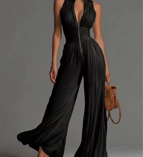 Zakira | Plisirani Halter-Neck Širok Jumpsuit